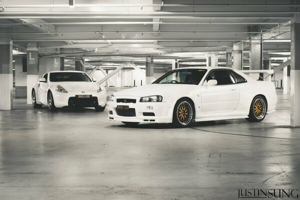 White cars in the underground parking lot