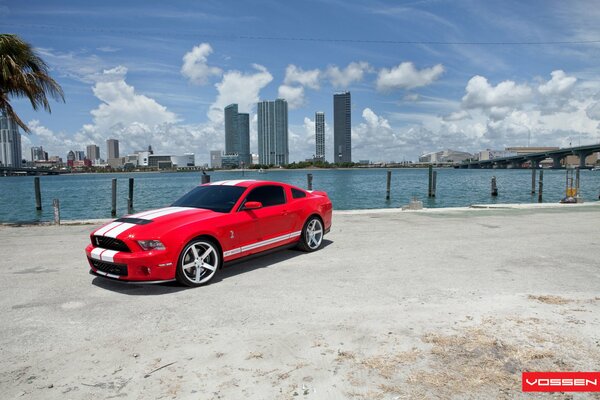 Roter Ford Shelby gt500 am Meer