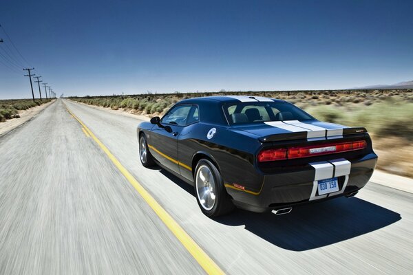 L auto sportiva Dodge challenger corre lungo la strada