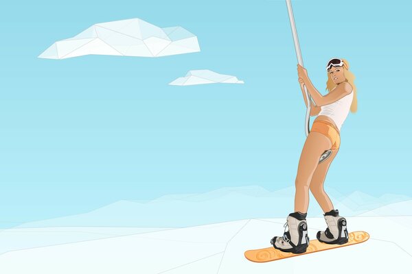 A girl in a swimsuit and glasses on a snowboard