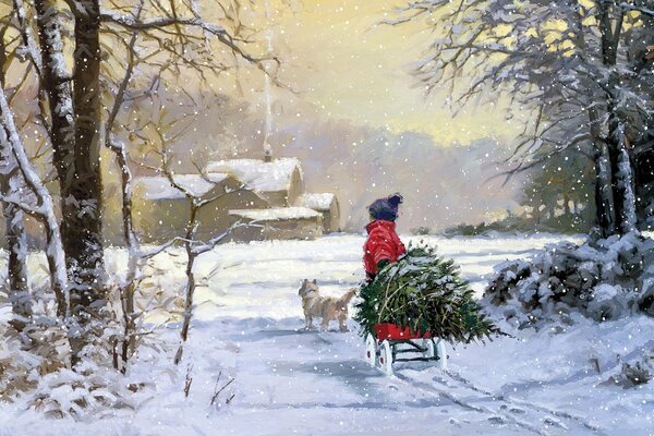 Un niño con un perro lleva un árbol de Navidad en trineo en invierno