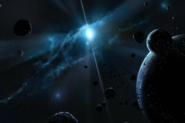 Blue light stars in space with planets