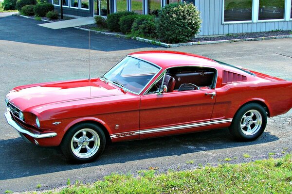 Ford Mustang rojo en el asfalto de la casa