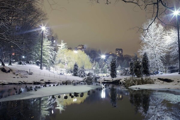 Winterstadt. laternen im schnee