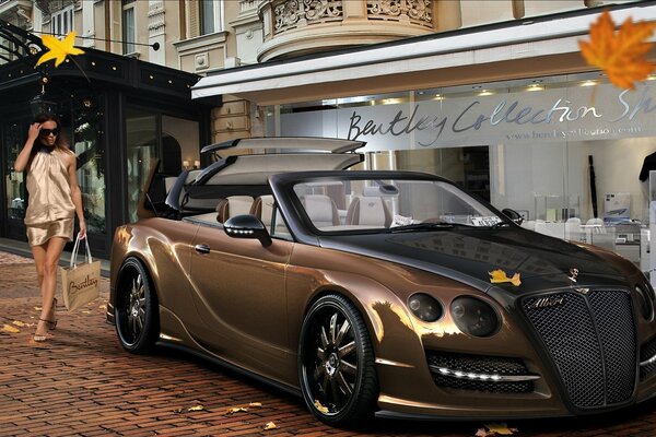 Chica al aire libre cerca de bentley continental