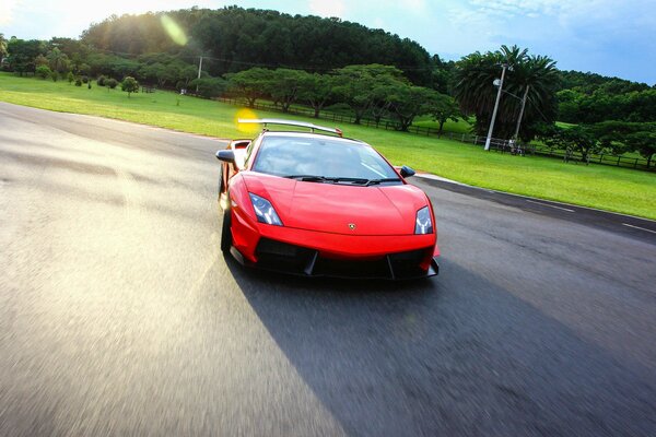 Roter Lamborghini bei hoher Geschwindigkeit