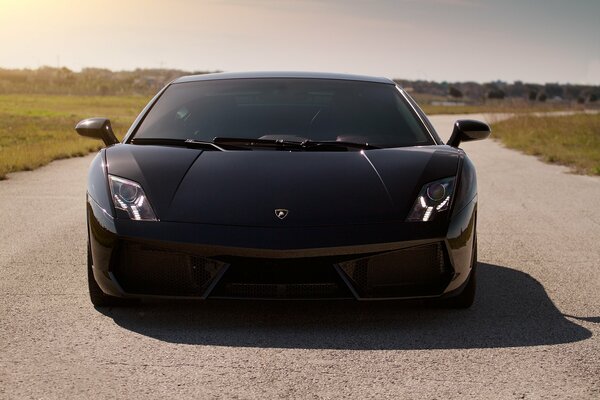 Coche Lamborghini de color negro contra el fondo de la hierba y la carretera