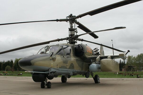 The ka-52 helicopter with large blades is on the runway