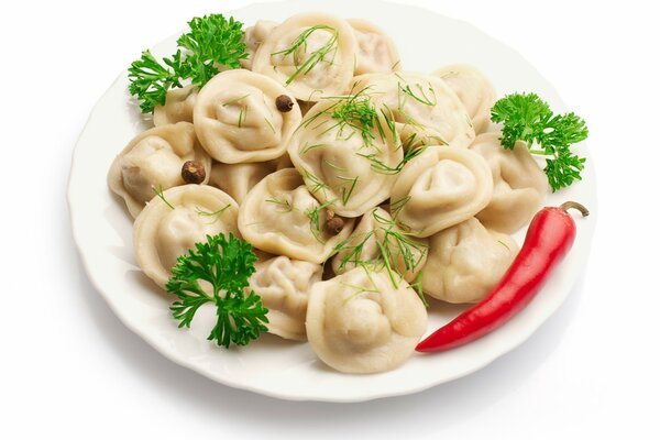 Dumplings on a plate with herbs. Advertising of dumplings