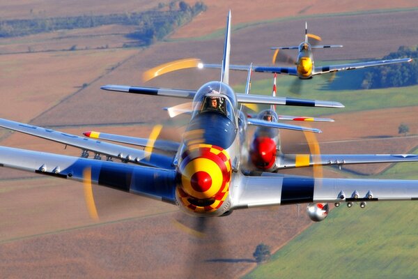 Eine Gruppe von Flugzeugen, die über das Feld fliegen