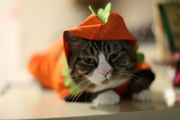Cute photo of a cat. A cat in a carrot costume