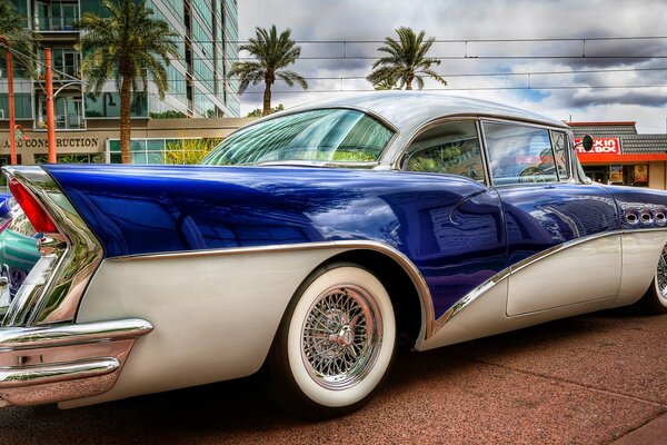 Der blau-weiße Buick steht draußen mit Palmen