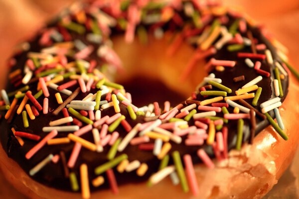 Delicious donut with chocolate gravy and pastry sprinkles