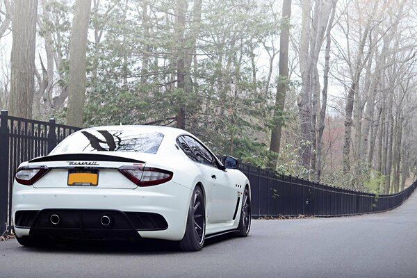 White Maserati Italy on the background of a fence