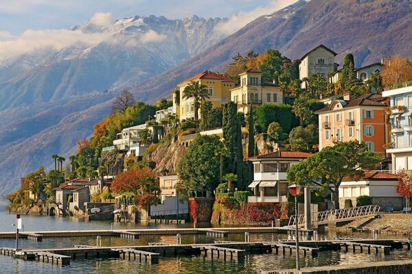 Embankment and mountains in Switzerland. at home