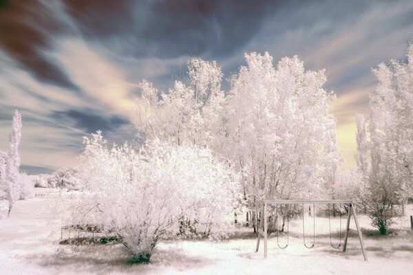 Winter Natur Baby Schaukeln im Frost