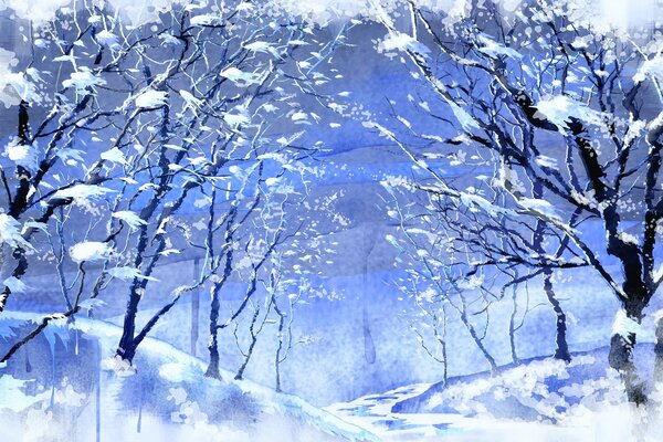 Zeichnung von Bäumen im Schnee. Winter