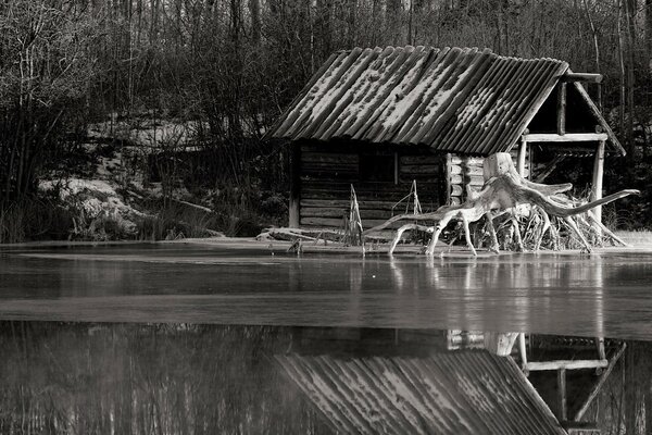 Paysage noir et blanc de la maison près de la rivière