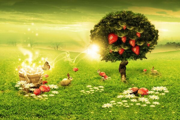 Illustration lumineuse avec des fraises et des lapins sur la pelouse