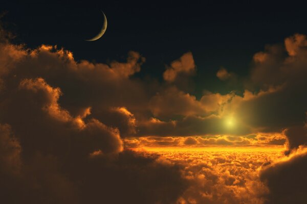 Солнце облака и луна в небе