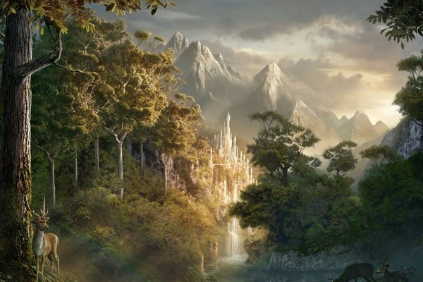 Zamek w lesie z górami