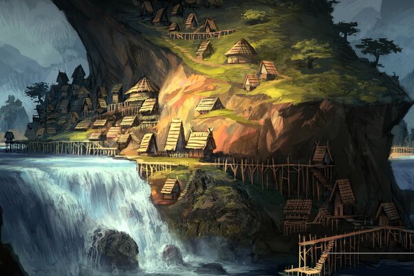 Village de fantaisie près de la rivière avec une cascade