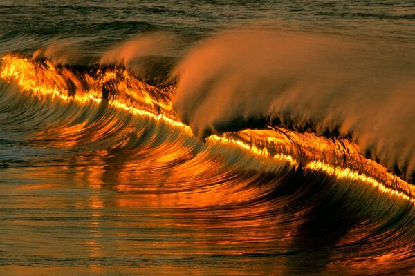 El resplandor de la puesta de sol cae sobre la ola del mar