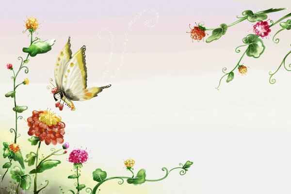 Minimalism, cartoon butterfly with flowers