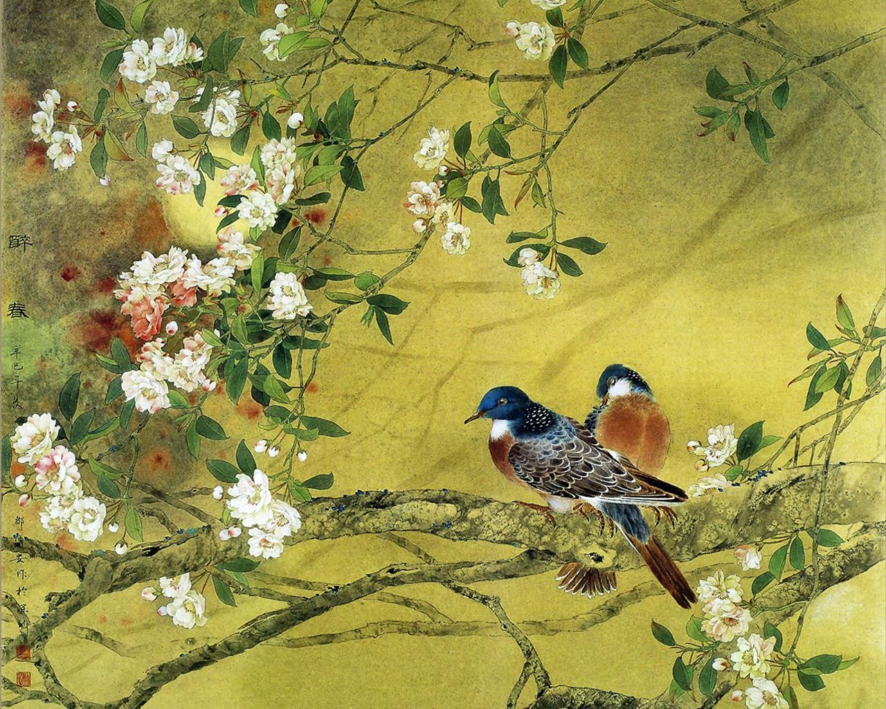 frühling vögel zweige blumen