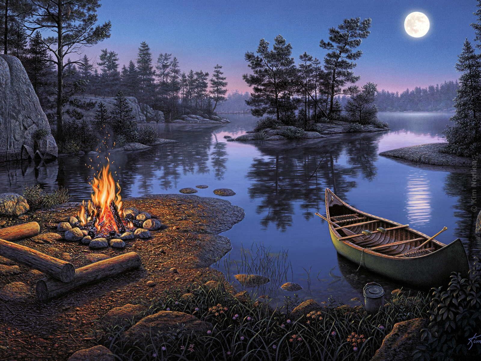 kim norlien romance peinture nuit lune loisirs tourisme rivière bateau feu de joie îlot otra