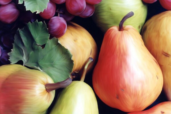 Natura morta con pere e uva colorate