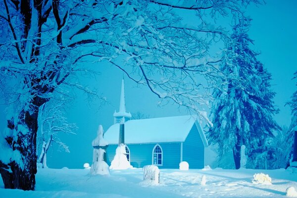 Christmas trees and a church on a background of snow