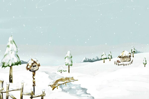Image de l hiver neigeux avec la maison et les arbres
