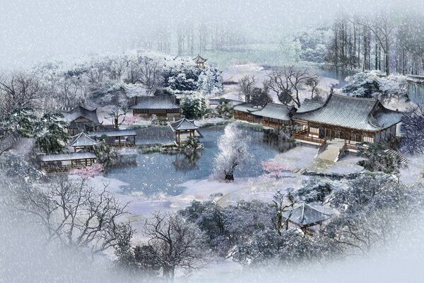 Vista de los pueblos japoneses en invierno bajo la nieve