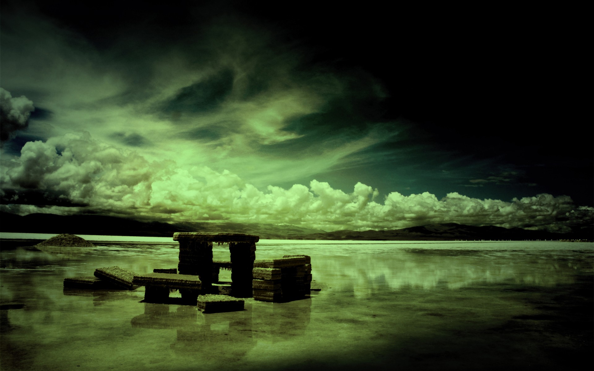 dark harmony lake clouds stone slab