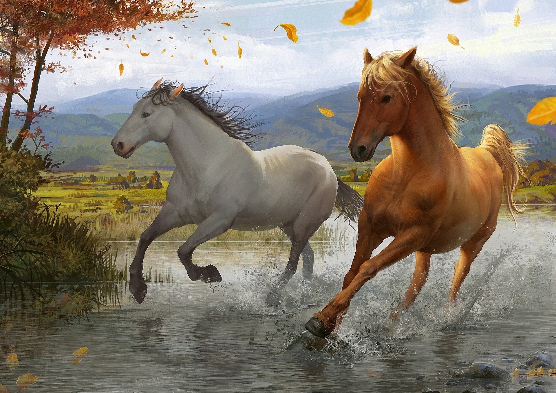 heet art horse river tree running