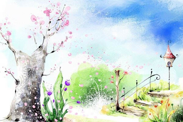 Rysunek wiosenny park z kwiatami