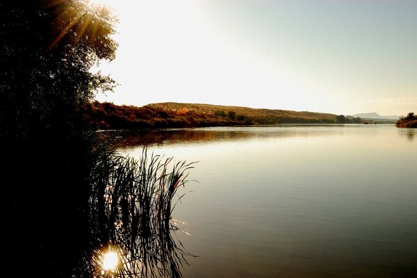 Los rayos del sol juegan en el lago caliente