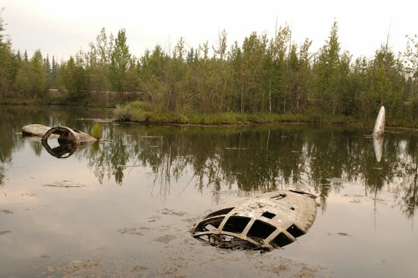 Foto lago en el bosque con un avión hundido