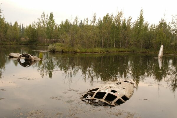 Foto di un lago nella foresta con un aereo affondato