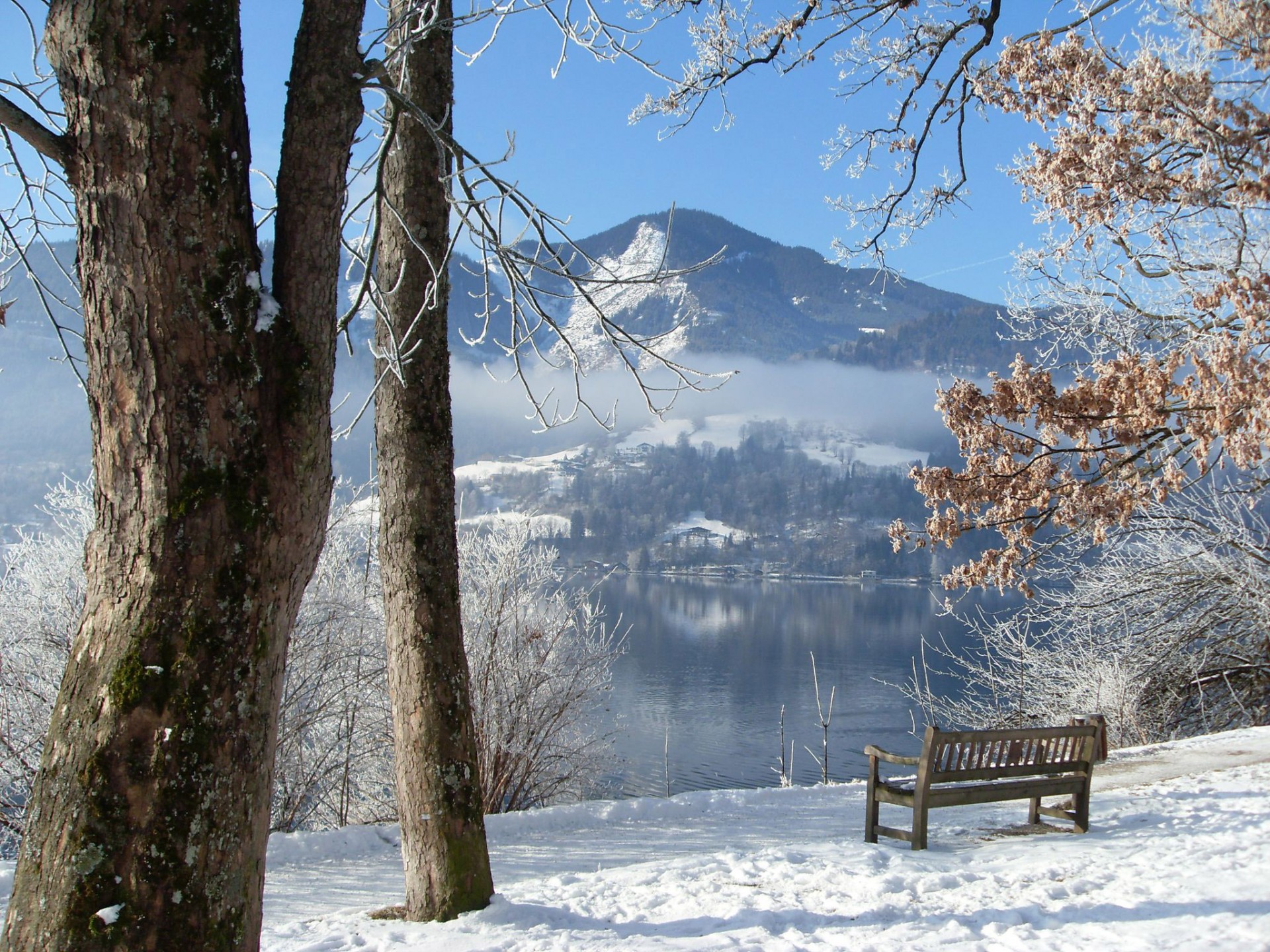 hiver banc lac montagnes