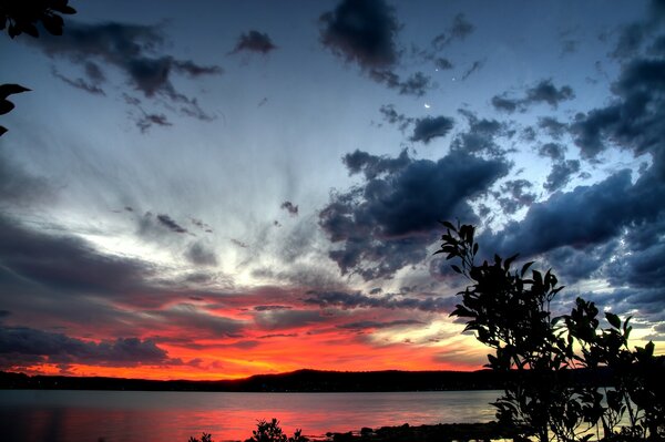 Beautiful sunset on the lake shore in summer