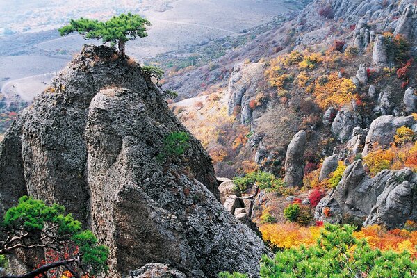 Rocks of the Crimea with a road in the distance
