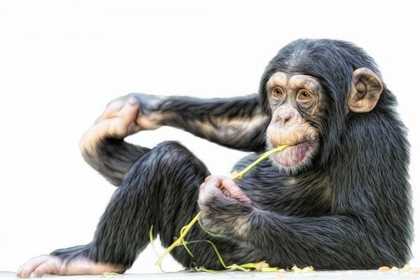 Mono chimpancé con una hoja de hierba en la boca