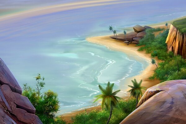 Drawing of a beach bay with palm trees and rock formations