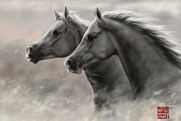 Painting the head of horses of a couple in art style