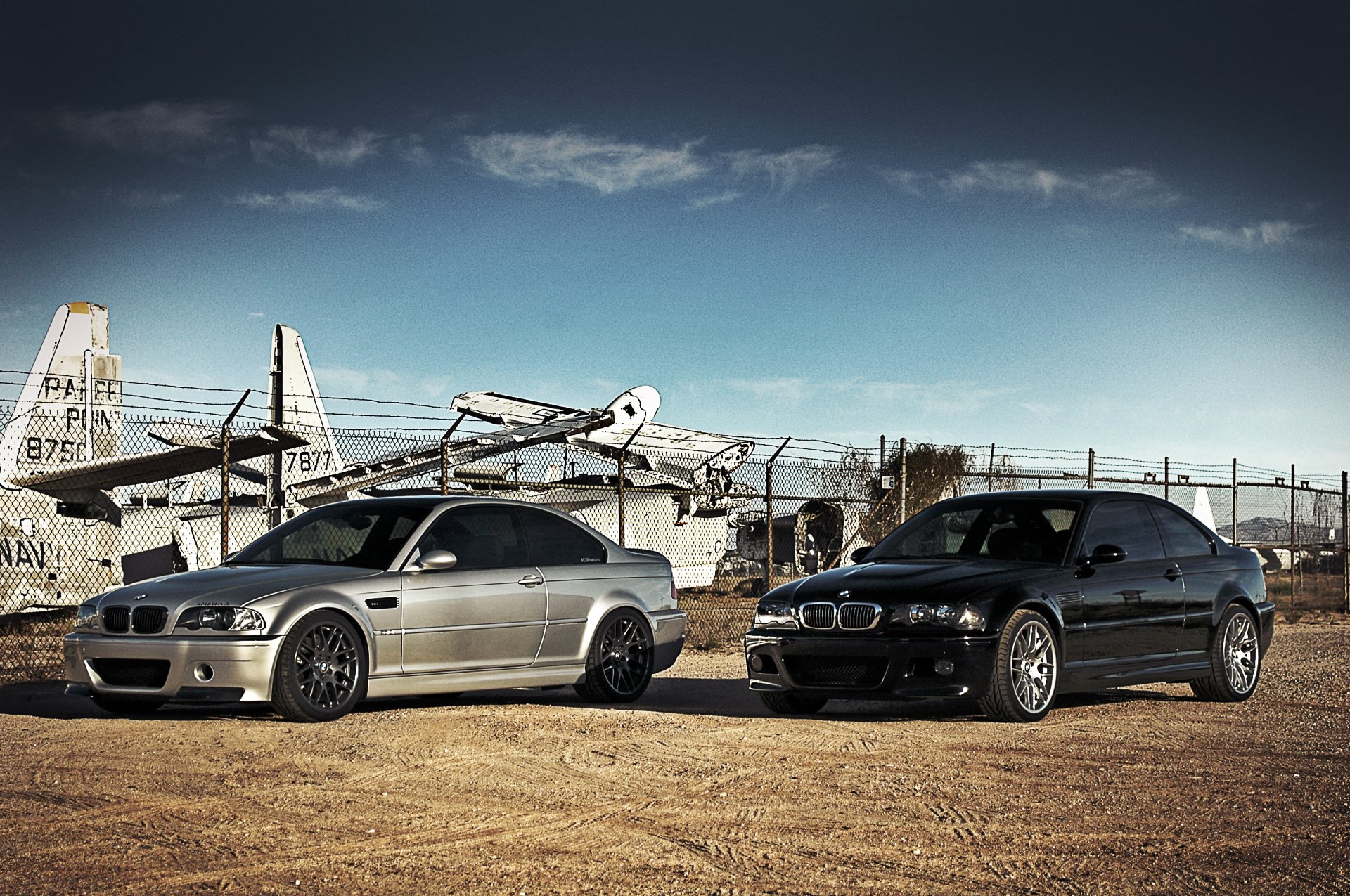 bmw m3 e46 black silver bmw silver sky clouds plane