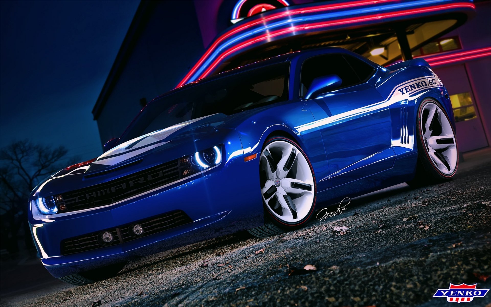 chevrolet camaro azul coche del músculo frente chevrolet coche del músculo luces de neón resplandor