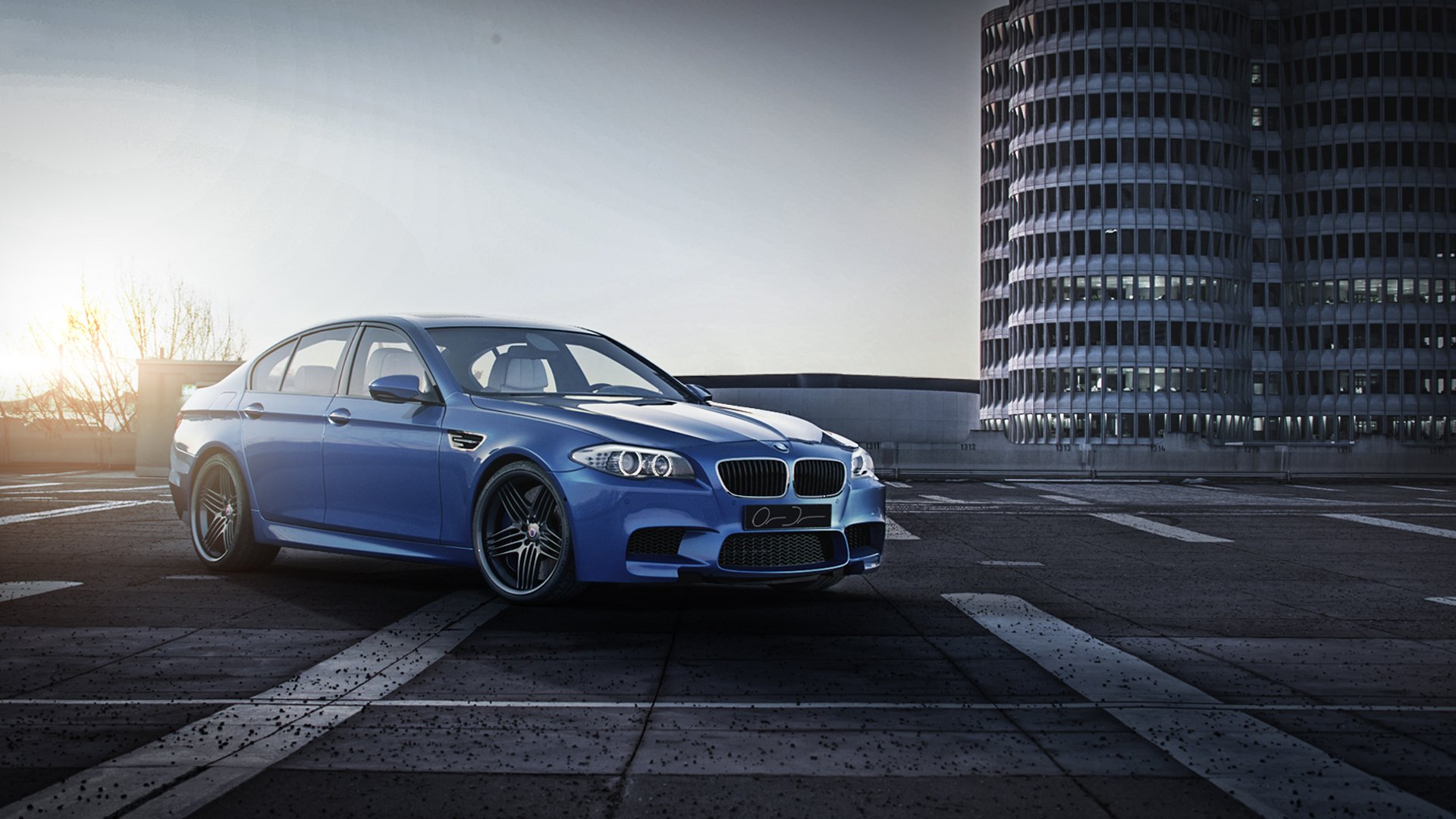 bmw m5 f10 blu monte carlo bmw blu vista frontale luci di marcia cielo costruzione