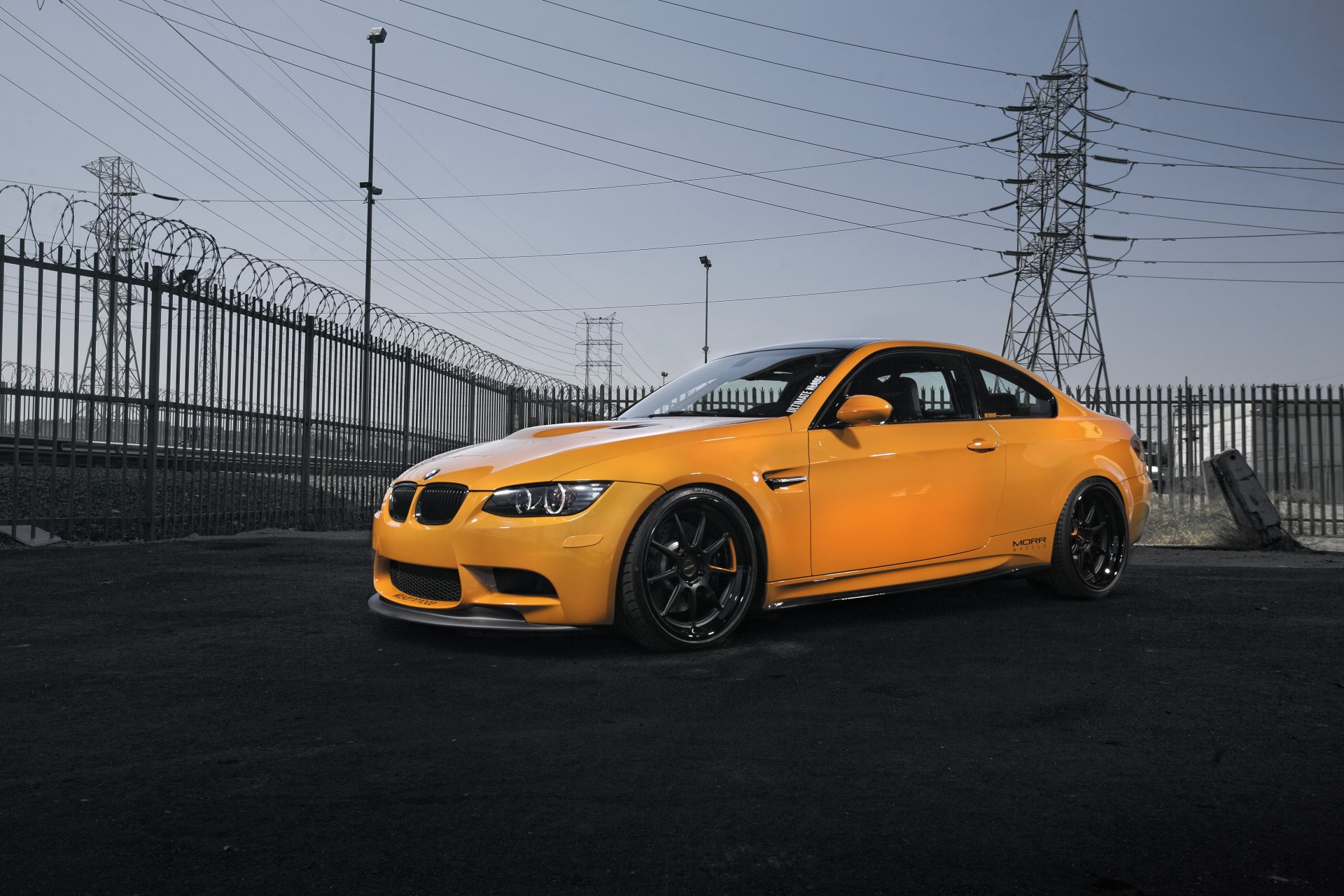 bmw m3 e92 orange bmw side view wheels sky power line